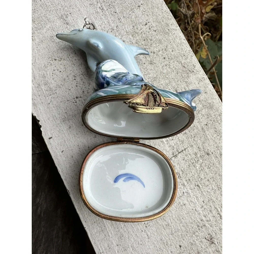 Limoges France Dubarry Dolphin Waves Trinket Box Sailboat Clasp Hand Painted